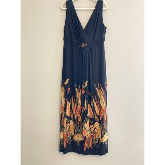Ronni Nicole Dresses & Skirts - Ronni Nicole Maxi Dress 18W Black Beaded Floral Border Print Plus Flowy Stretch